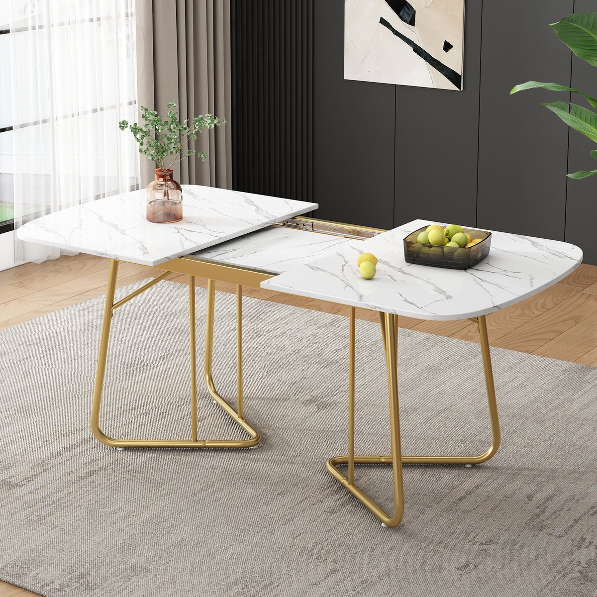SINGULARITY Uitschuifbare eettafel-Wit-Goud vergulde metalen poten-140/180*80 cm-Sofistic Luxe stijl-Rechthoekig-Geschikt voor 4-6 personen
