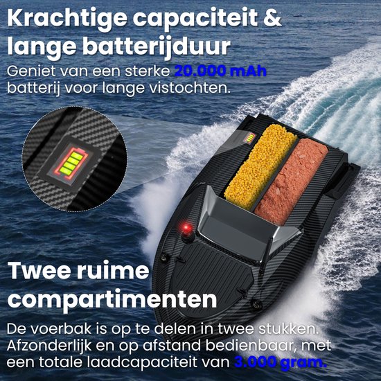 Bateau amorceur T70 - avec GPS et détecteur de poissons - Bateau amorceur carpe - Charge maximale : 3 kg - Portée : 800 m - Zwart - de Faas