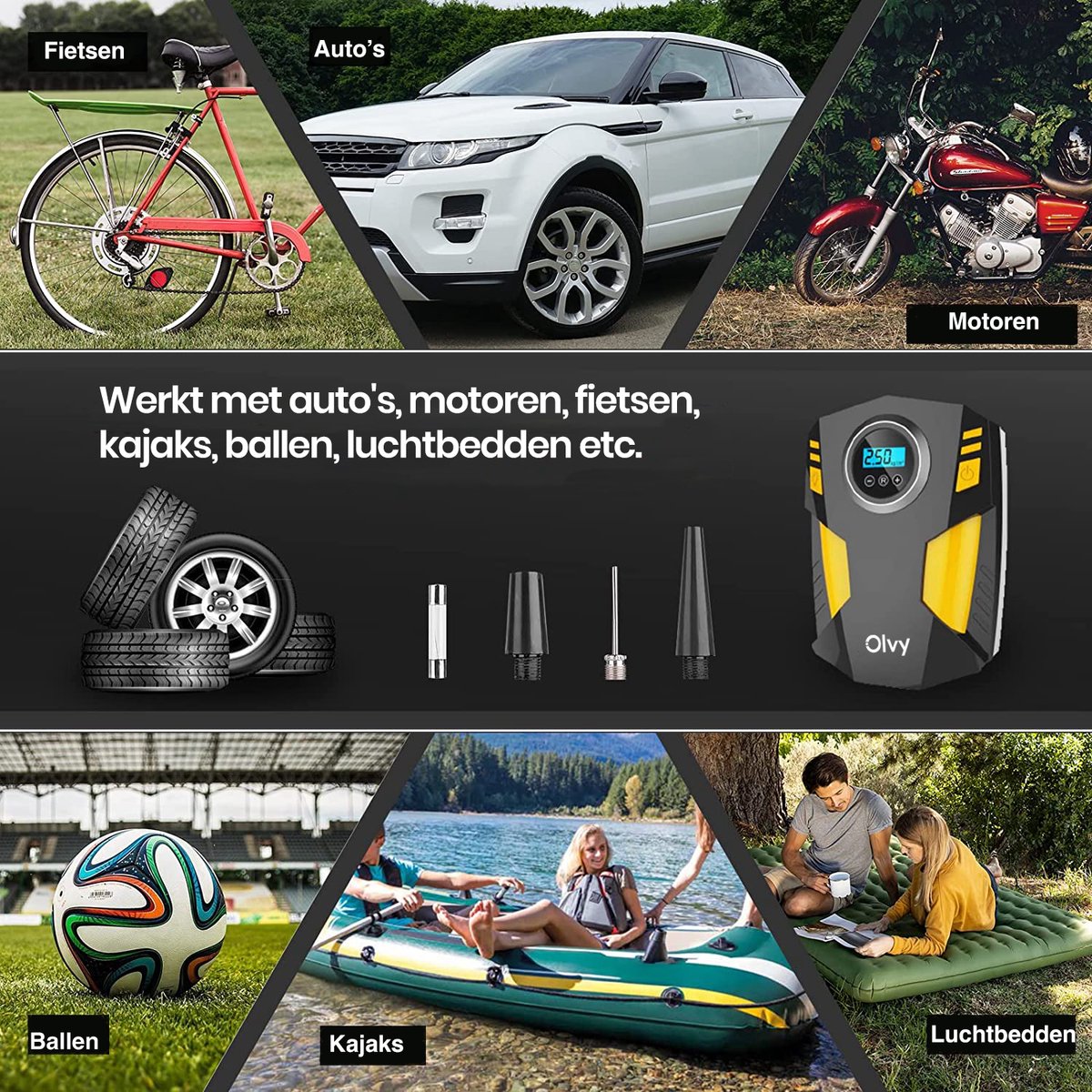 Olvy Compressor Bandenpomp Draagbare Luchtcompressor 7000 mAh Elektrische Fietspomp Fiets/Auto/Motor/Bal/Luchtbed kopen? Vergelijk bij