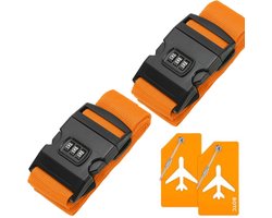 BOTC Kofferriem met Cijfer Slot - 4 stuks - 2 Kofferriem met cijferslot + 2 bagagelabels - 200 cm * 5 cm - Bagage Riem - Bagageband - Verstelbaar - Oranje