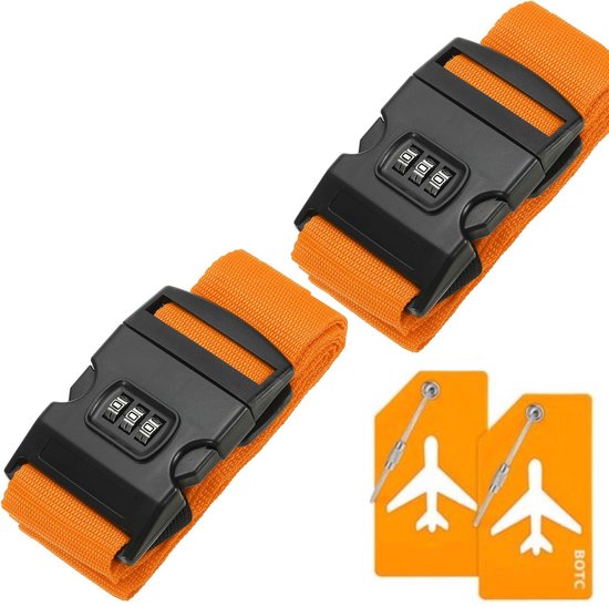 BOTC Kofferriem met Cijfer Slot - 4 stuks - 2 Kofferriem met cijferslot + 2 bagagelabels - 200 cm * 5 cm - Bagage Riem - Bagageband - Verstelbaar - Oranje