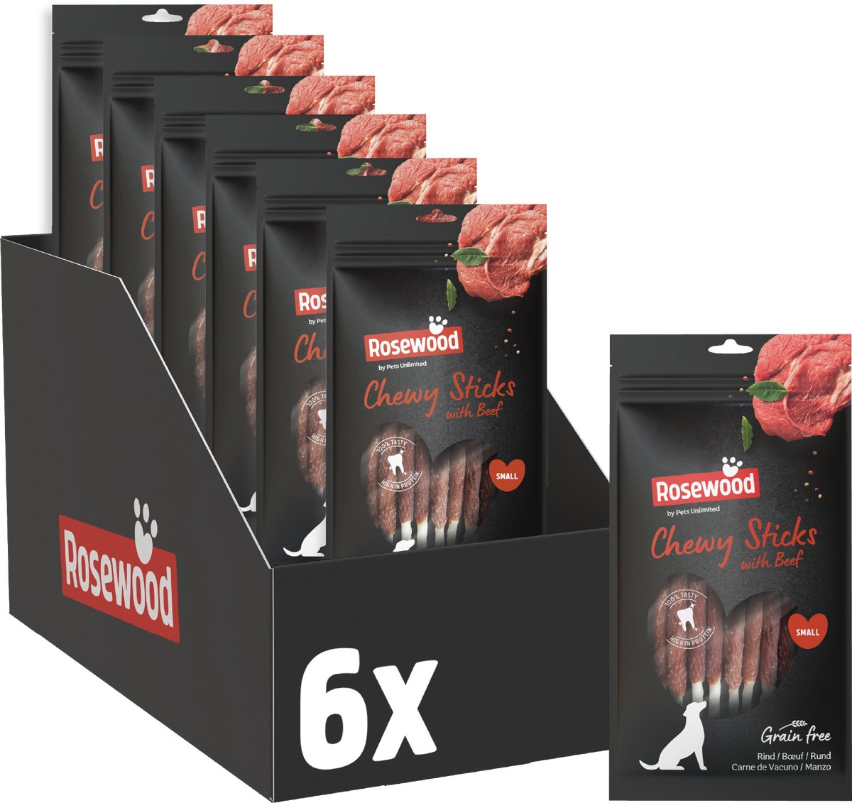 Rosewood Chewy Sticks Rund Small - Hondensnack - Kauwstaven met Rund en Runderhuid - Graanvrij - 6 x 72 g