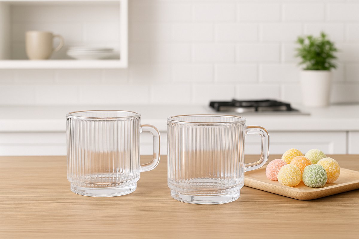 Mevaz - Geribbelde design glazen - Stijlvolle theeglazen - Set van 6 theeglazen met handvat - 300 ml - Ribbel glazen - Koffiemokken