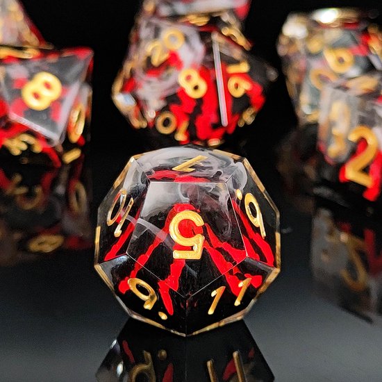 Ensemble de dés Joya Kids® Dungeons and Dragons | Set de Dés DnD Polydice | Ensemble de dés D&D | Ensemble de 7 pièces en résine | Coffre de rangement de Luxe inclus | Volcan en éruption | Vulcano