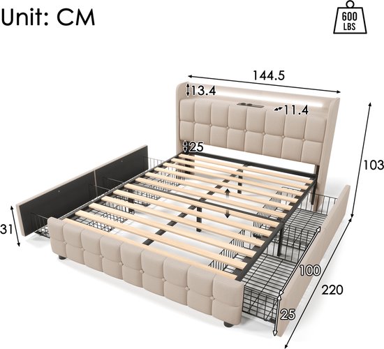 Gestoffeerd tweepersoonsbed 140 x 200 cm, met LED en USB, met
