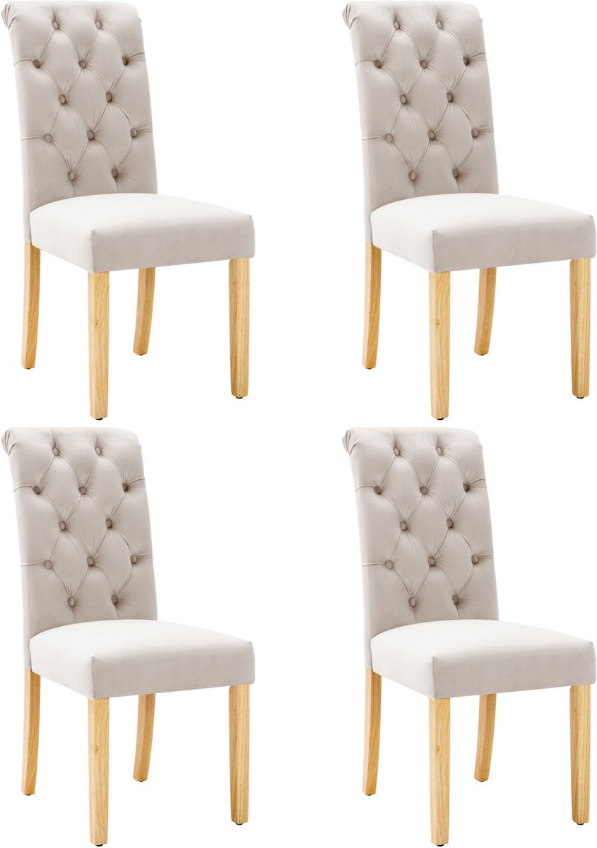 Fluwelen eetkamerstoel set van 4 met eiken poten - chroom knocker - slaapkamer stoel Keukenstoel Woonkamer lounge stoel - beige