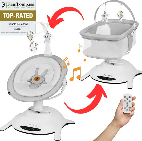 Lionelo Bella Set 2in1 – Wipstoel & Reiswieg – 360° Draaibare Zitting – Elektrische 6 Schommelstanden – 5 Snelheden – Rugleuning 3 Posities – Bewegingssensor – Nachtmodus – 12 Melodieën – Bamboe Kussen – Afstandsbediening – Wasbare Hoezen – Tot 9 kg