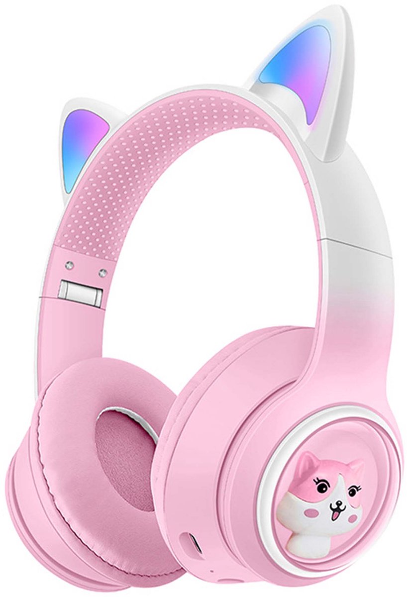 KINSI koptelefoon kinderen Met Kattenoren - koptelefoon draadloos - LED-Licht, FM-Radio, Microfoon