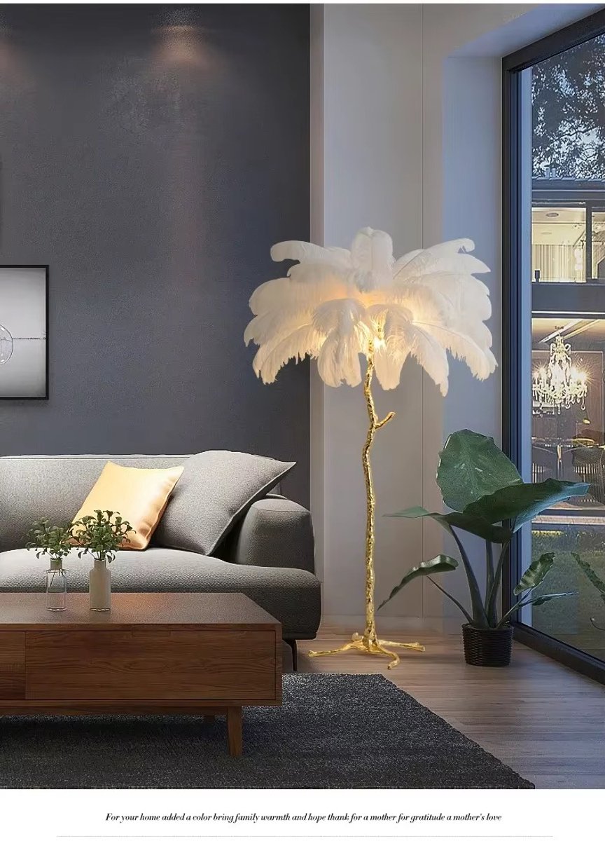 Moderne LED vloerlamp - Witte struisvogel veren look - Indoor vloerlamp - Sta lamp voor binnen - Woonkamer lamp - Witte lamp met veren - staande lamp