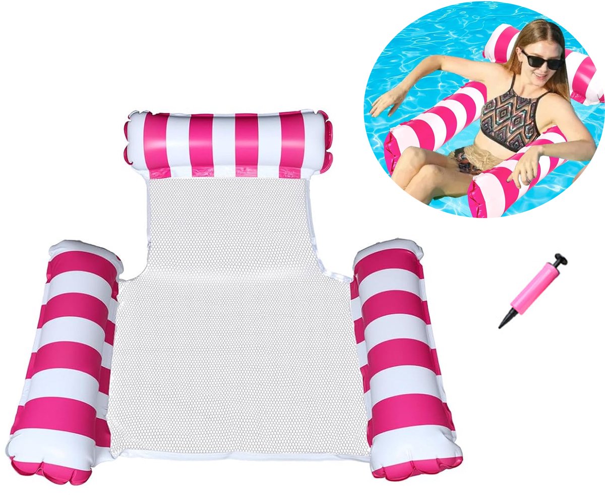Waterhangmat lounger - 124×132 cm - Waterfloat voor volwassenen - Opblaasbare ligstoel met drie banden - Floaties - Zwembadhangmat - Opblaasbare stoel - Opvouwbaar - Zomer - Waterhangmat drijvend bed - Geschikt voor Buitenzwembad - Rozerood
