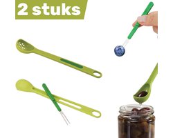 2 stuks - Groene multifunctionele bliklepel en vork - 2-in-1 ontwerp voor het gemakkelijk uitlepelen van conserven - Lepel ca. 20 cm, vork ca. 11,2 cm - Handig keukengerei voor augurken, olijven, fruit en andere blikinhoud