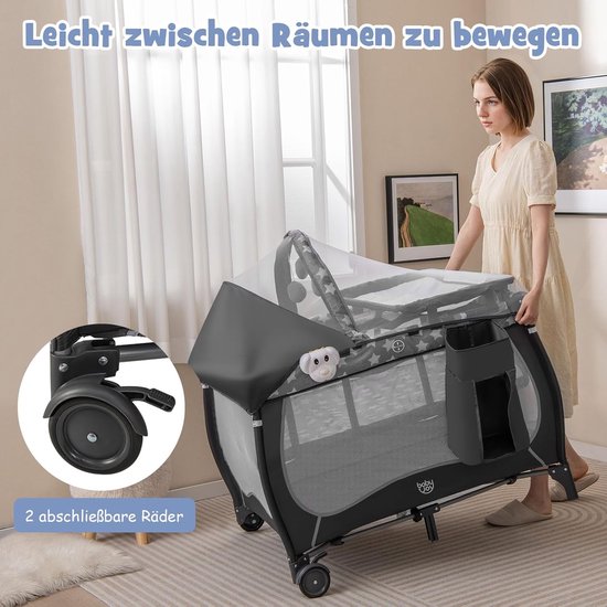 COSTWAY 5-in-1 babybed, draagbaar bijzetbed, reisbed met opvouwbaar matras, luiertafel, baldakijn, speelboog en muziekdoos, wieg met wieltjes, draagtas voor baby's tot 36 maanden (grijs) van COSTWAY — afbeelding 3