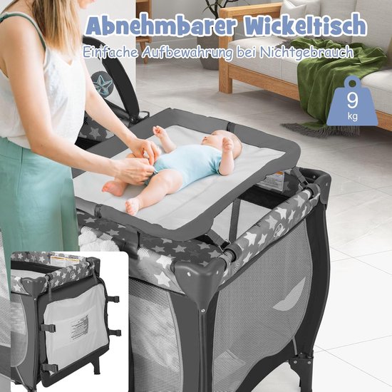 COSTWAY 5-in-1 babybed, draagbaar bijzetbed, reisbed met opvouwbaar matras, luiertafel, baldakijn, speelboog en muziekdoos, wieg met wieltjes, draagtas voor baby's tot 36 maanden (grijs) van COSTWAY — afbeelding 5