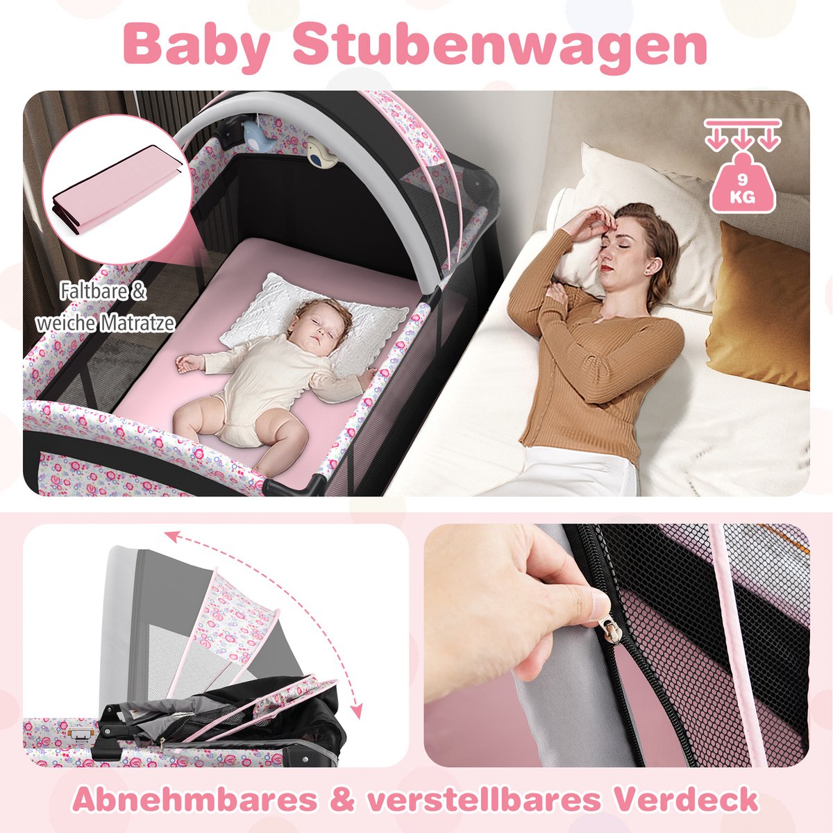 COSTWAY 5-in-1 reisbed met matras, bijzetbed inklapbaar met verstelbare luifel, babybed met aankleedkussen, muziekdoos en draagtas, kinderreisbed tot 15 kg belastbaar (roze bloemen) thumbnail 2