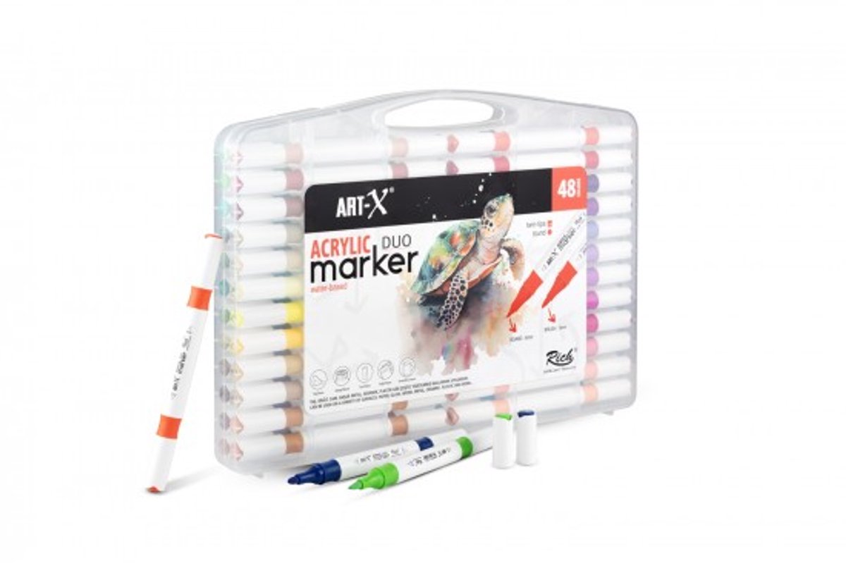 Rich Twinmarkers Acryl Markerset set van 48 – Dubbele Punt 1 mm & 6 mm – Sneldrogend, Waterbasis, Niet-giftig – Ideaal voor Tekeningen, DIY, Scrapbooking & Creatieve Projecten – 48 Kleuren