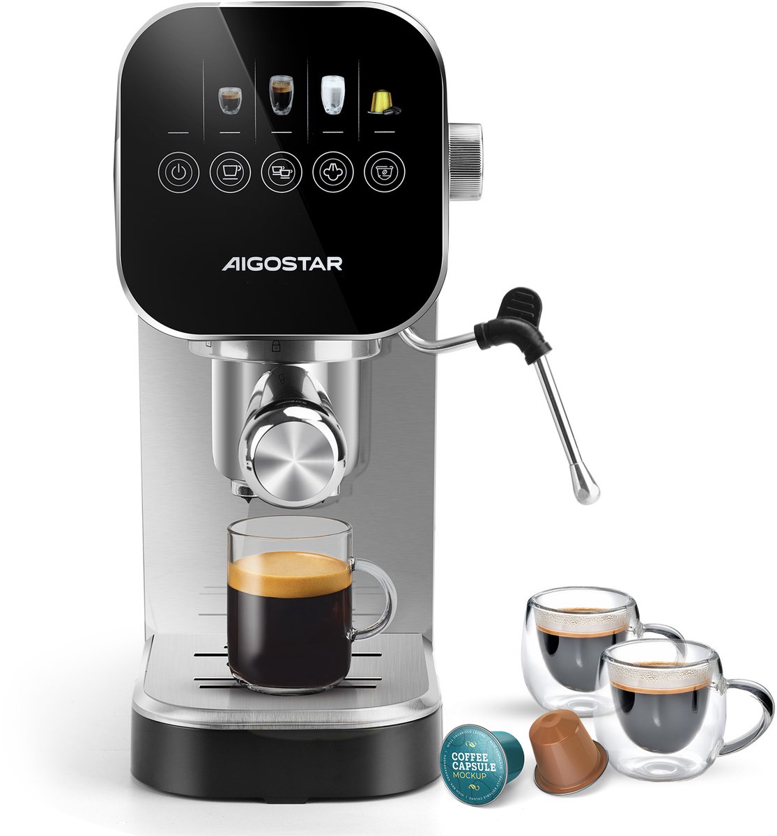 Aigostar Espressomachine 20 Bar - Koffiemachine met Automatische Melkopschuimer - Pistonmachine Cappuccino & Latte - Italiaanse pomp -2 kopjes - Zilver