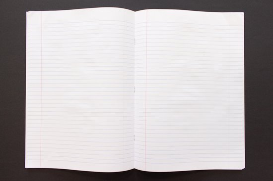 Open blanco schrift met blauwe lijnen en rode zijlijn.