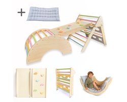 Dastium Kids Klimrek - Montessori Speelgoed - XXL Houten Klimrek Speelgoed - Klimboog met Kussen - Inklapbare Klimdriehoek - Klimboog met Glijbaan - Pastelkleuren