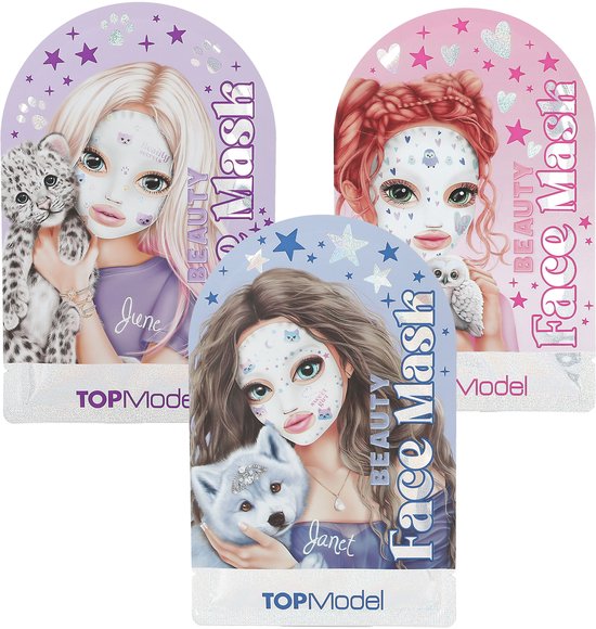 Drie TOPModel gezichtsmaskers: een meisje met blond haar en een sneeuwpanter, een meisje met rood haar en een uil, een meisje met bruin haar en een wolf.