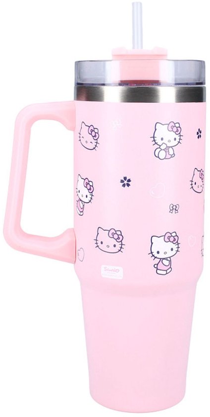 Roze beker met handvat. Diverse Hello Kitty prints, waaronder een grote Hello Kitty met strik en tekst.