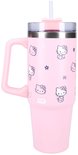 Roze beker met handvat. Diverse Hello Kitty prints, waaronder een grote Hello Kitty met strik en tekst.