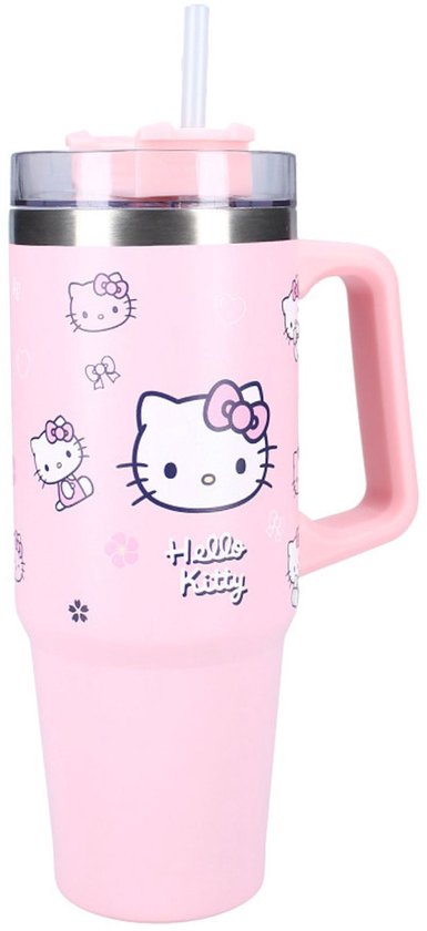 Roze beker met handvat en rietje. De beker is bedrukt met Hello Kitty prints, inclusief een grote Hello Kitty.