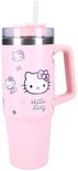 Roze beker met handvat en rietje. De beker is bedrukt met Hello Kitty prints, inclusief een grote Hello Kitty.