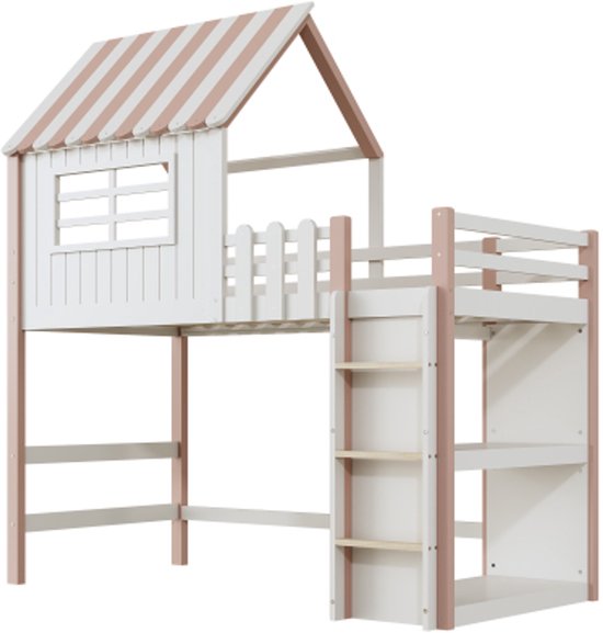 Lit enfant 90x200 cm haut et bas Lit pour garçons et filles Lit maison en forme de toit avec échelle de sécurité avec compartiment de rangement Lit multifonctionnel Lit en bois Massief avec sommier à lattes Rose