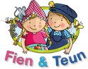 Illustratie van Fien en Teun met een muis, vogel en bij. Tekst 'Fien & Teun'.