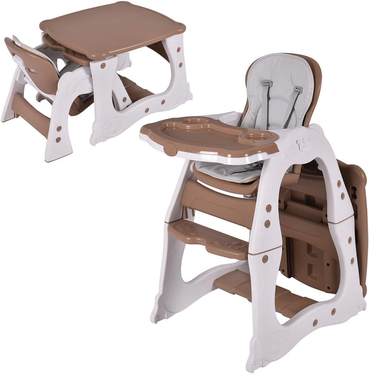 COSTWAY 3-in-1 babystoel, kinderstoel & babystoel & zitgroep met in 3 standen aanpasbaar dienblad, 3-voudig verstelbare rugleuning en 5-punts veiligheidsgordel