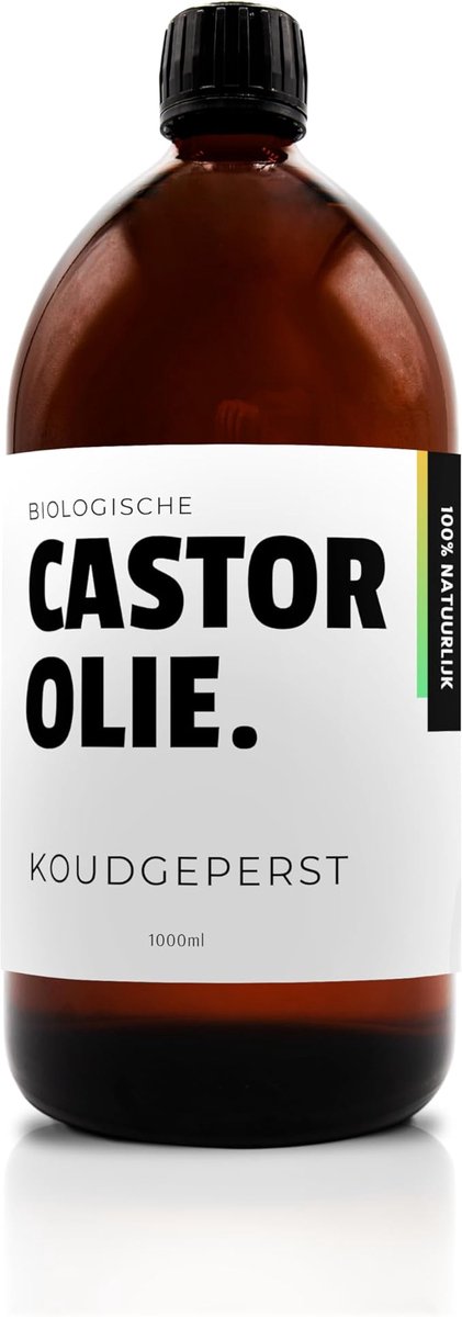 Natuurbazen Castor olie – 100% Biologisch & Koudgeperst – 1000ml in Bruine Glazen Fles – Ricinusolie - Hexaanvrij – Castor oil voor Wimpers, Haar, Huid & Castor olie Packs
