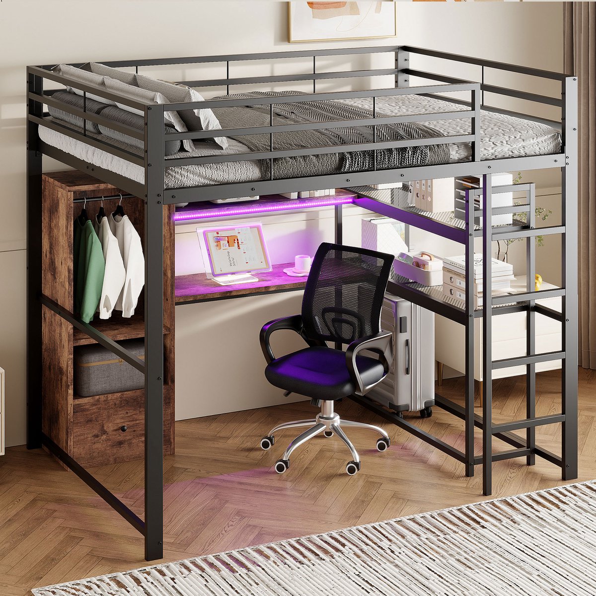 Gutent Hoogslaper - 140x200 cm - Metalen bed - met LED verlichting - Bureau - 1 lade - Zonder matras - Zwart- Zonder stoel