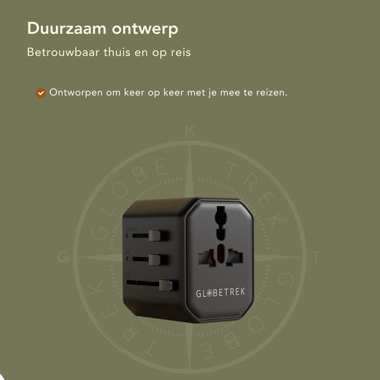 GlobeTrek® Reisstekker - Wereldstekkers - Fast Charging - Universele Wereldstekker - USB-C USB-A snel laadpoorten - 170+ landen: Engeland (UK), Amerika (USA), Australië, Japan, Zuid Amerika, Azië, Thailand, Afrika, Europa - Snellader - Reisadapter