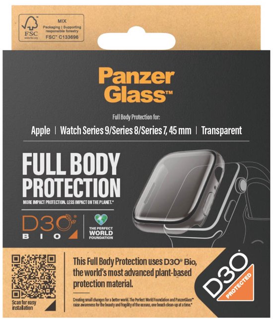 PanzerGlass Screenprotector geschikt voor Apple Watch - 45 mm Glazen | PanzerGlass Full Body Protector - Case Friendly