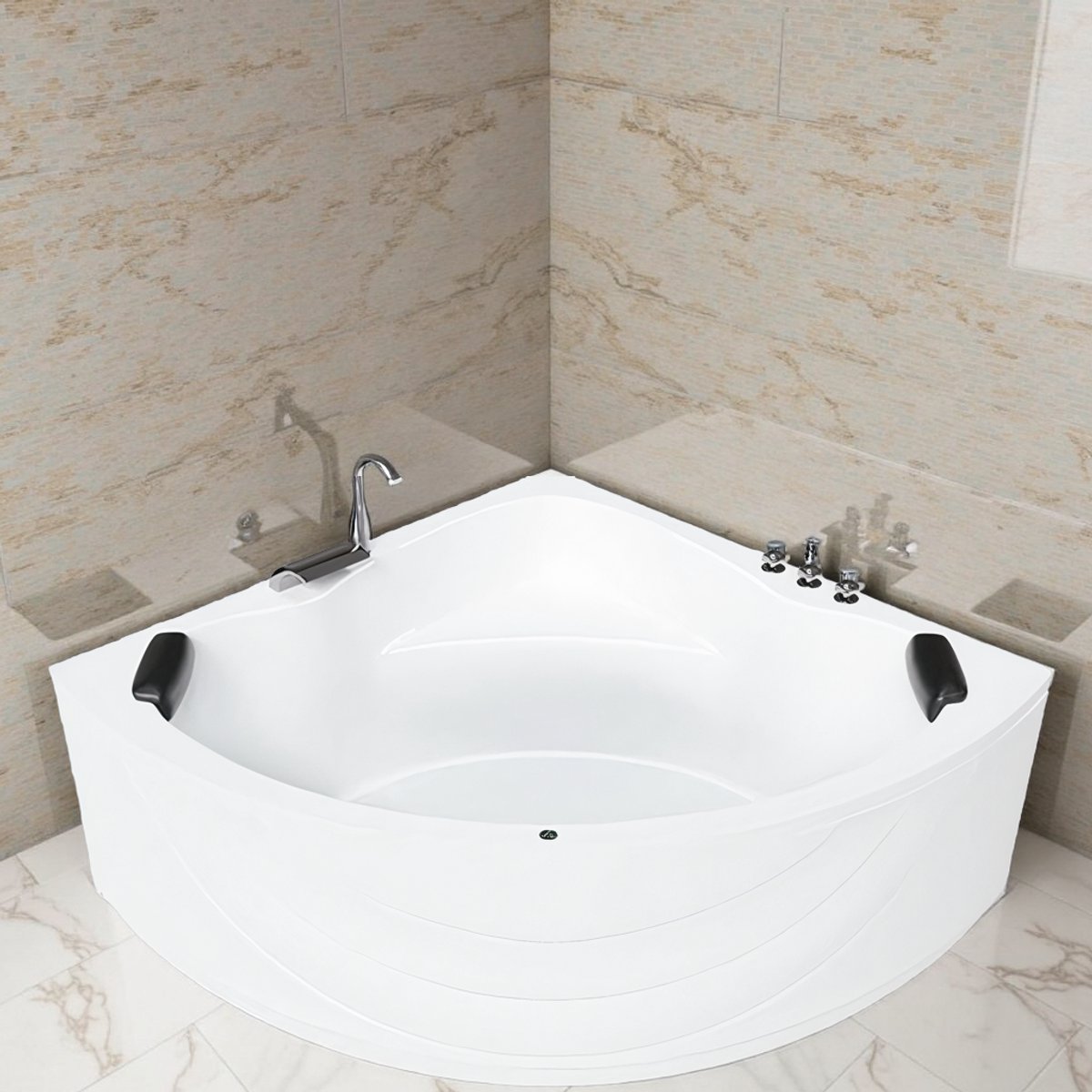 Medahomestore SerenityLux Hoekbad 140x140 cm – Premium Vrijstaand Ligbad – Complete Acryl Badkuip Set – Met LED-verlichting, Chroom Armatuur, Nekkussen & Afvoer – Modern Design voor Luxe Badkamer