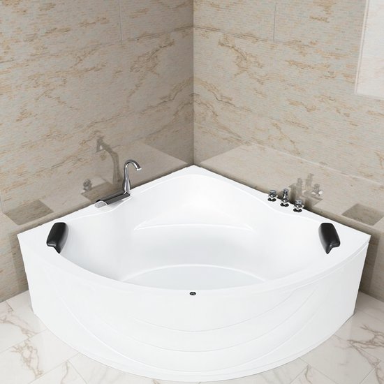 Industrialhome SerenityLux Hoekbad 140x140 cm – Premium Vrijstaand Ligbad – Complete Acryl Badkuip Set – Met LED-verlichting, Chroom Armatuur, Nekkussen & Afvoer – Modern Design voor Luxe Badkamer