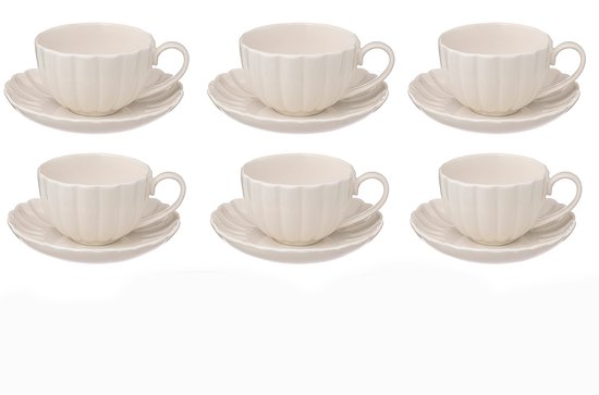 Set de 6 tasses à café en porcelaine Witte avec soucoupes – 22 cl – Design Elegant à nervures
