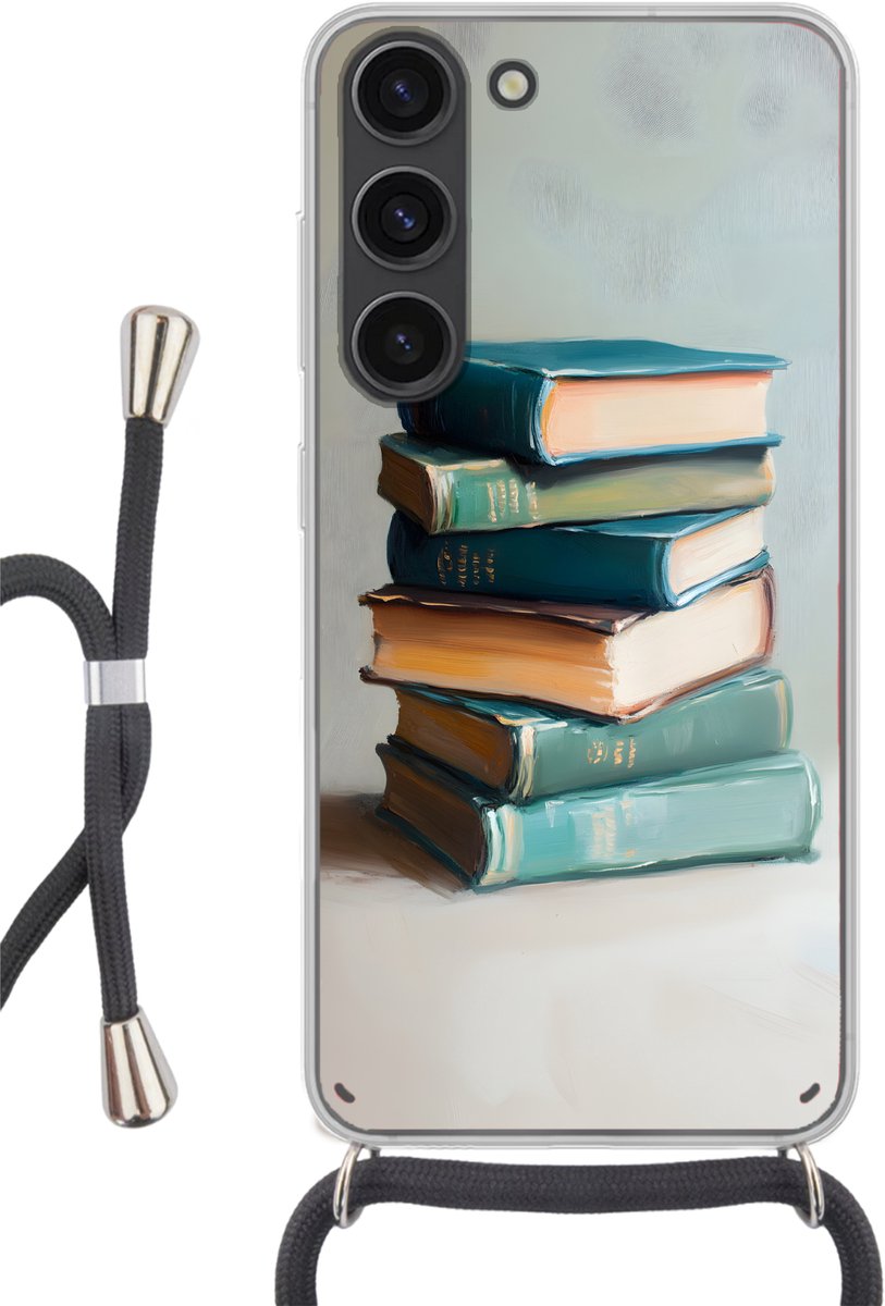 Telefoonhoesje Geschikt voor Samsung Galaxy S23 - Stapel - Boeken - Groen - Daglicht - Siliconen - Crossbody - Backcover met Koord - Telefoonhoesje met koord - Hoesje met touw Telefoonhoesje