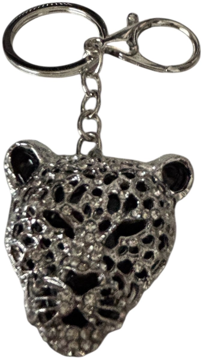 Sleutelhanger Panter Hoofd Strass ( 4.5 x 4.5 cm ) Zilverkleurig