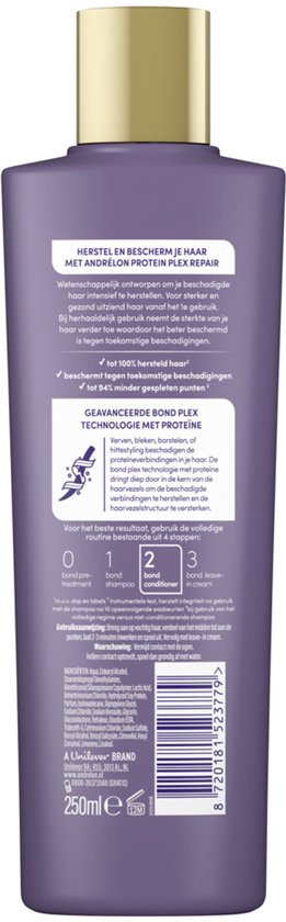 Achterkant van een paarse fles Andrélon Pro-Care Conditioner met gouden dop, met productinformatie.