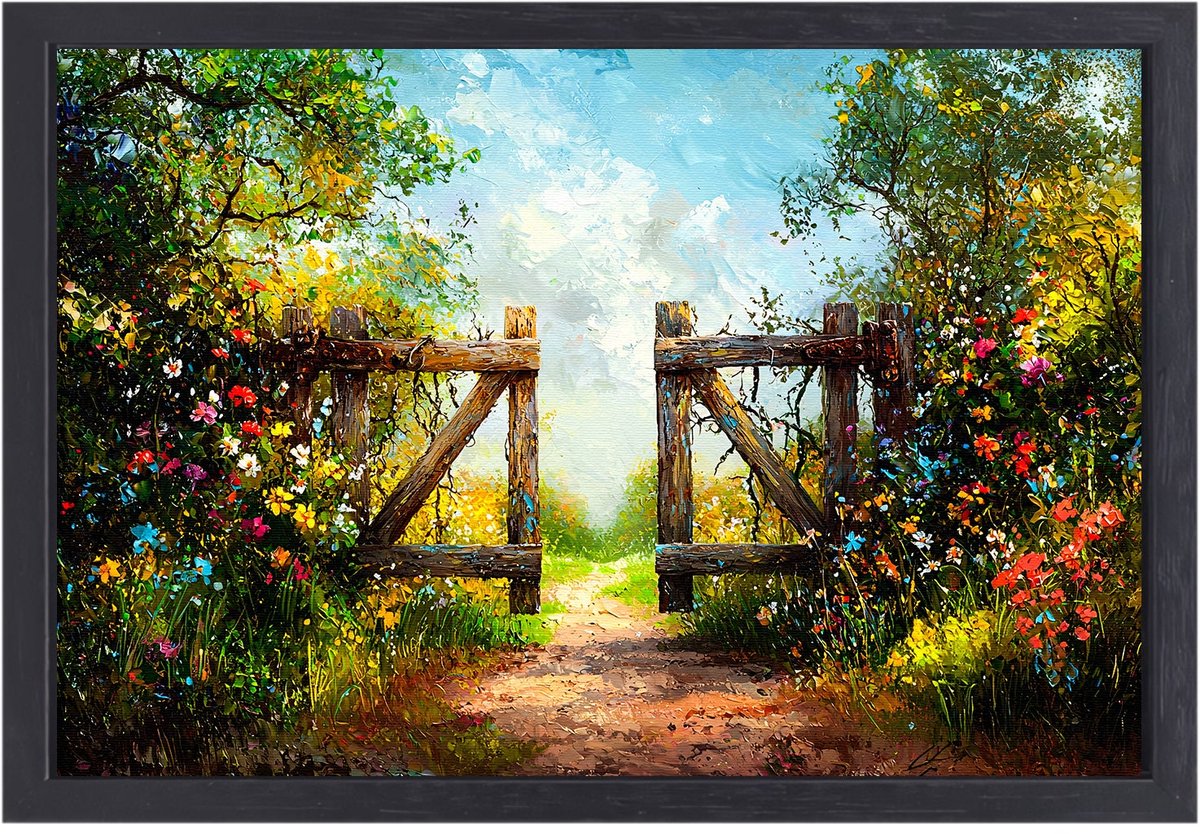 Bloemenpad met houten tuinpoort - Poort canvas kunst - Muurkunst bloemen - Impressionisme 
