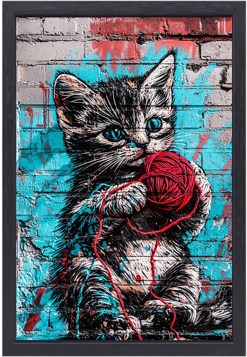 Speelse kat met rode garen - Kat wanddecoratie - Muurdecoratie canvas dieren - Street Art