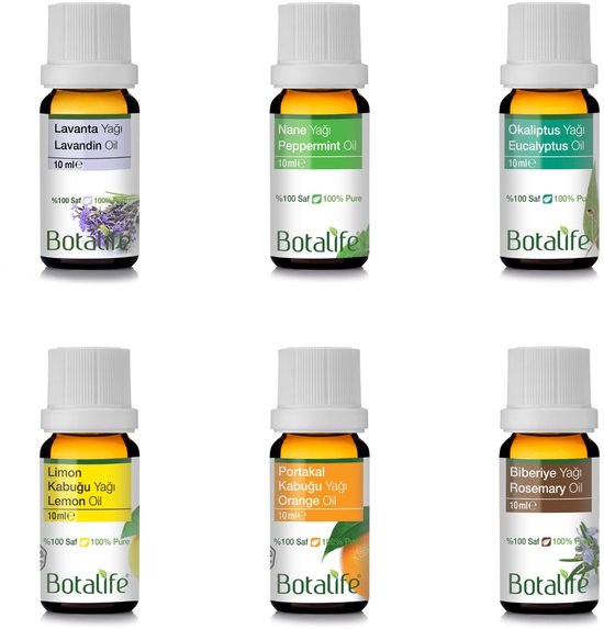 Set van 6 Botalife etherische oliën: lavendel, pepermunt, eucalyptus, citroen, sinaasappel, rozemarijn, elk 10ml.