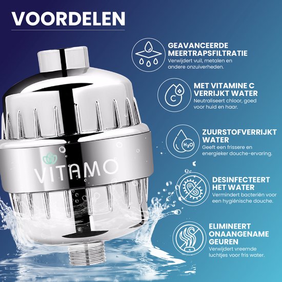 Chroomkleurige douchefilter met "VITAMO" logo, omgeven door water. Iconen tonen voordelen: 7-traps filtratie, vitamine C, zuurstofrijk water, desinfectie.
