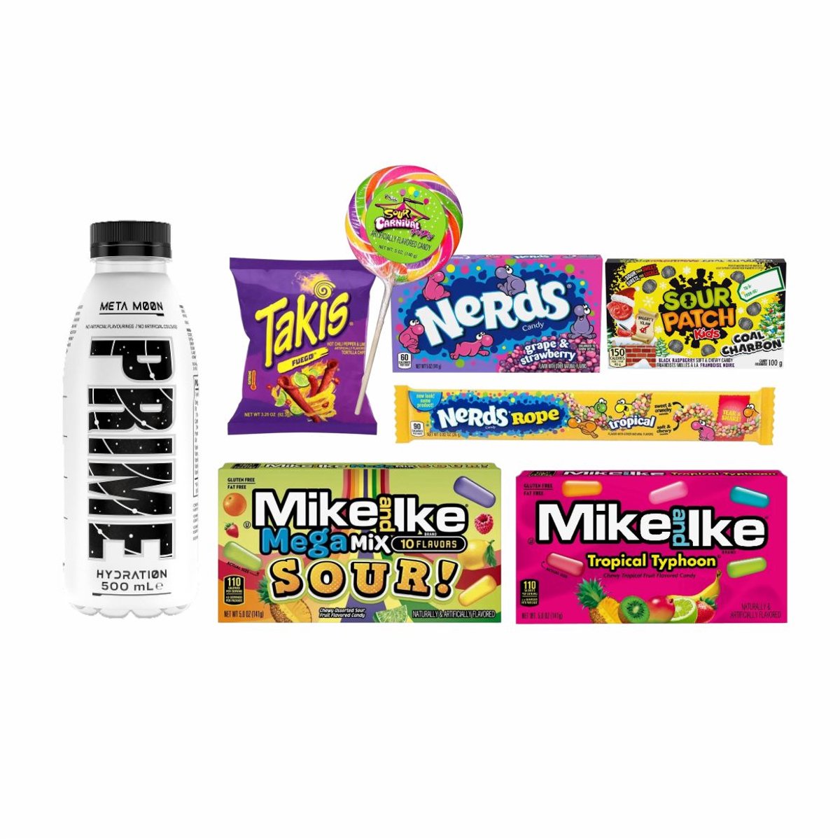 Snackmix (Prime Meta Moon 500ml, Takis Fuego 92.3g, Giant Carnival Sour Pop 140g, Nerds Grape & Strawberry 142g, Sour Patch Kids Coal Charbon 100g, Nerds Rope Tropical 26g, Mike&Ike Mega Mix Sour 141g, Mike And Ike Tropical Typhoon 141g)
