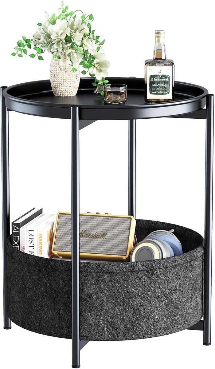 Ibenzoa® Stijlvolle ronde bijzettafel met metalen frame en stoffen mand voor binnen en buiten gebruik