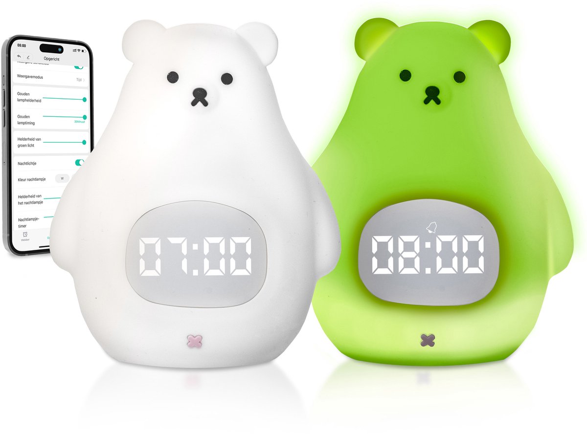 Image of 3Babies® Slaaptrainer – Slaapwekker Baby – Nachtlamp functie met Wekker – Kinderwekker – Wit Beertje – Inclusief App