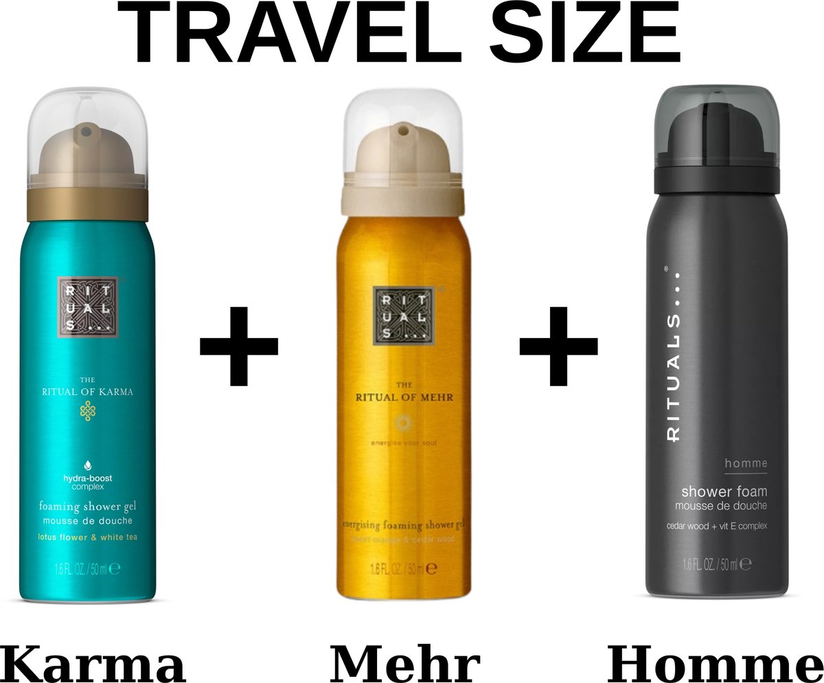 Rituals Combi Set - Travel Shower Gel - Karma 50 ml - Mehr 50 ml - Homme 50 ml - Doucheschuim - Douchegel