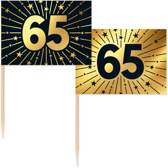 Twee vlagprikkers met '65' in goud op een zwarte achtergrond met gouden sterren en stralen.