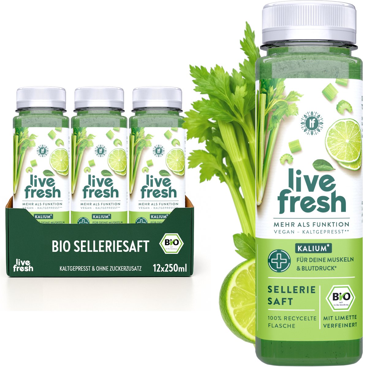 LiveFresh Biologisch selderijsap koudgeperst – 97% selderijsap, 3% limoensap zonder toegevoegde suiker – Groentesap met kalium, calcium en vitamine K – 12x250ml